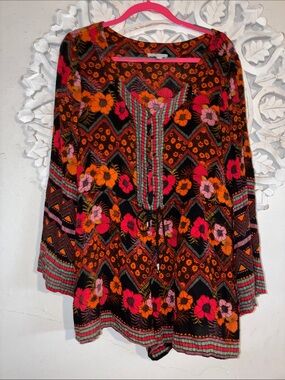 Patrons of Peace Black Floral Chevron Romper with Pink & Orange Accents
